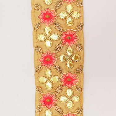 Beige Art Silk Fabric Trim, Salmon Pink & Gold Floral Embroidery Gota Patti Indian Sari Border Trim By Yard Decorative Trim Craft Lace